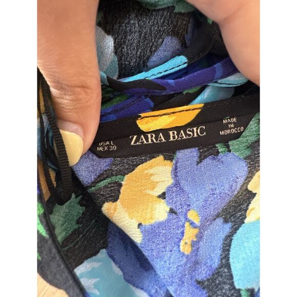 NWT Womens Zara Blue Flower Pattern Dress Elasticated Waisted V Front Large 2181 - Picture 5 of 8